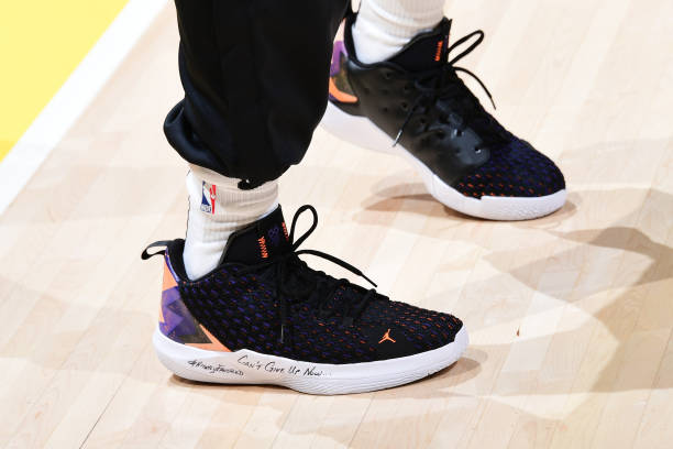 LOS ANGELES, CA - MARCH 17: The sneakers worn by Chris Paul #3 of the San Antonio Spurs during the game against the Los Angeles Lakers on March 17, 2025 at Crypto.Com Arena in Los Angeles.