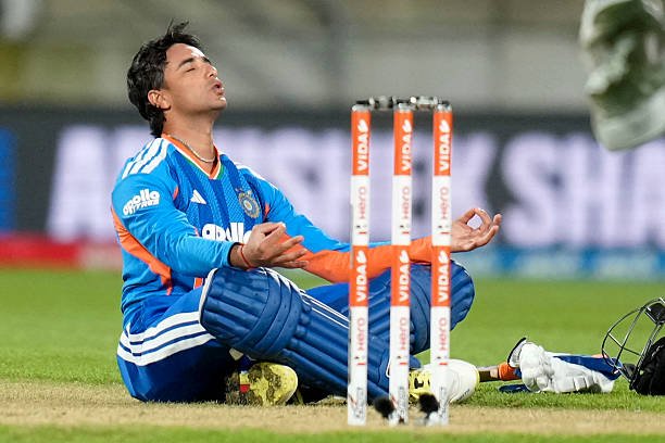 Abhishek Sharma celebrating his record century in the India vs New Zealand T20I series